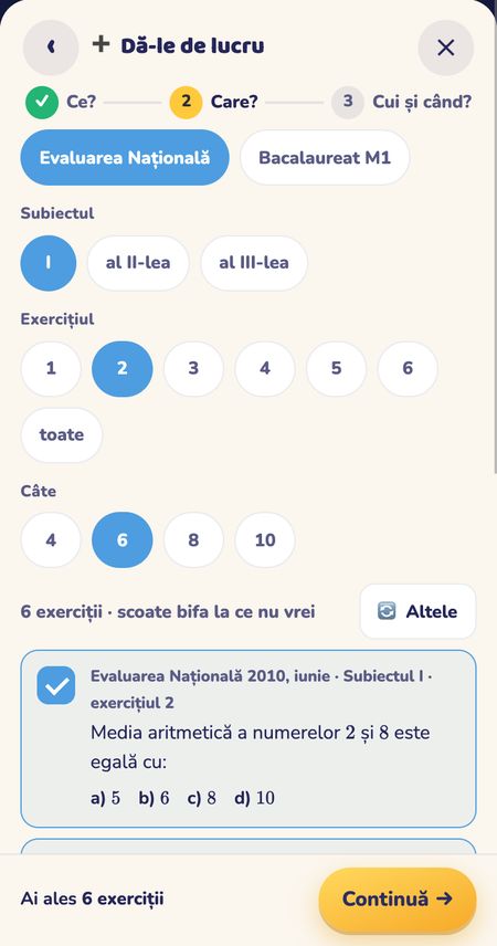 Exerciții de un anumit tip la Evaluarea Națională, pe telefon: Subiectul I, exercițiul 2, câte 6; exercițiile vin bifate, primul din Evaluarea Națională 2010, iunie, cu enunțul și variantele, iar deasupra listei stă butonul „Altele".