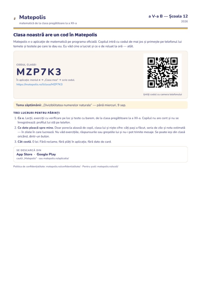 Fila A4 de tipărit pentru ședința cu părinții: numele clasei, codul mare, codul QR, tema săptămânii și trei rânduri pentru părinte.